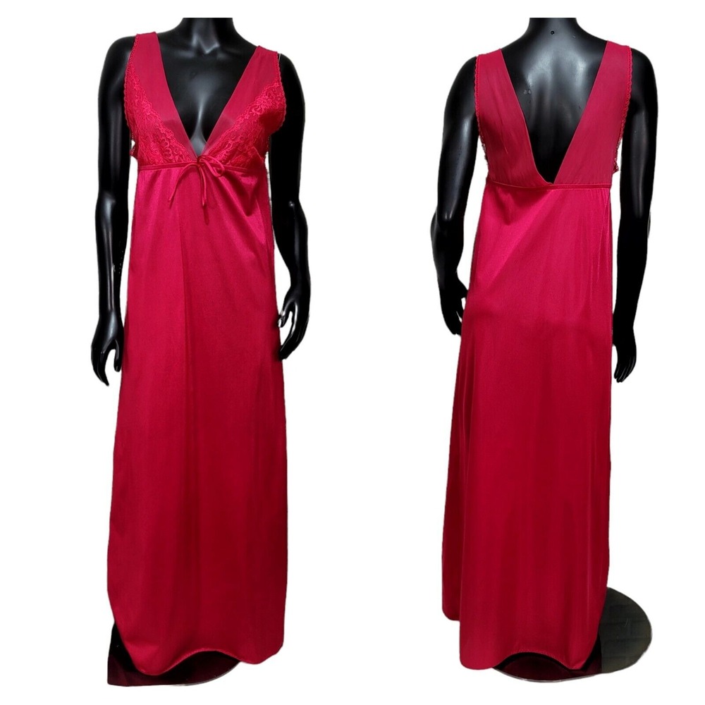 Vintage 80s Undercover Wear Size S Red Lace Chiffon Detail Nylon Nightgown AS IS